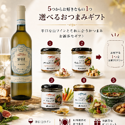  5つから1つ選べるお好きなおつまみとイタリア産白ワイン「パスクア」ソアヴェ・クラシコ