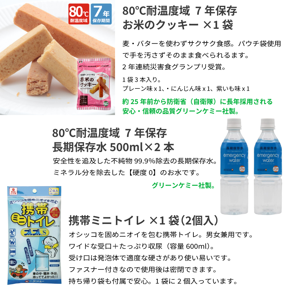 80℃耐温度域7年保存可能なお米のクッキー、長期保存水。携帯ミニトイレ。