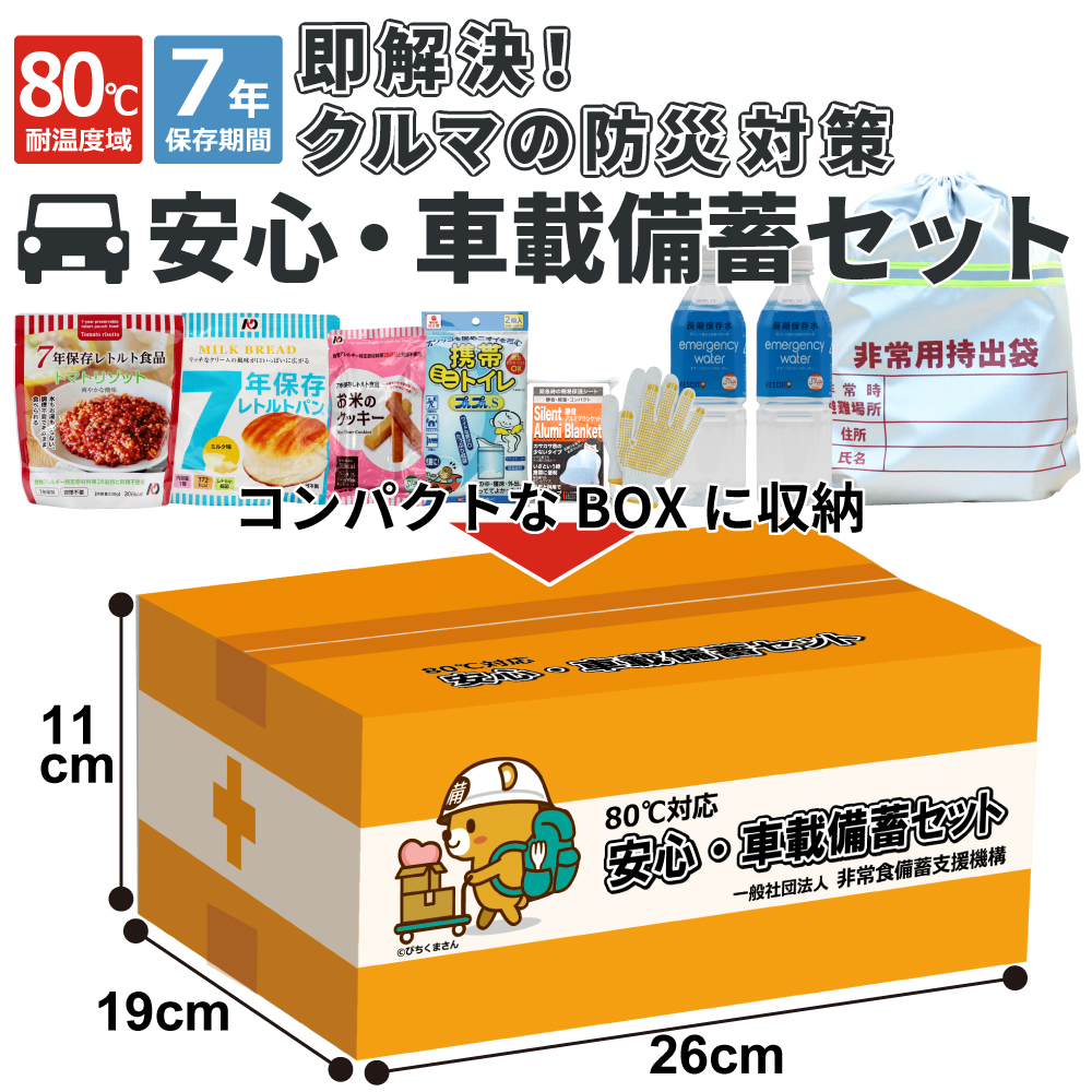 車載備蓄セットの外箱サイズ。幅:19cm、長さ:26cm、高さ11cm