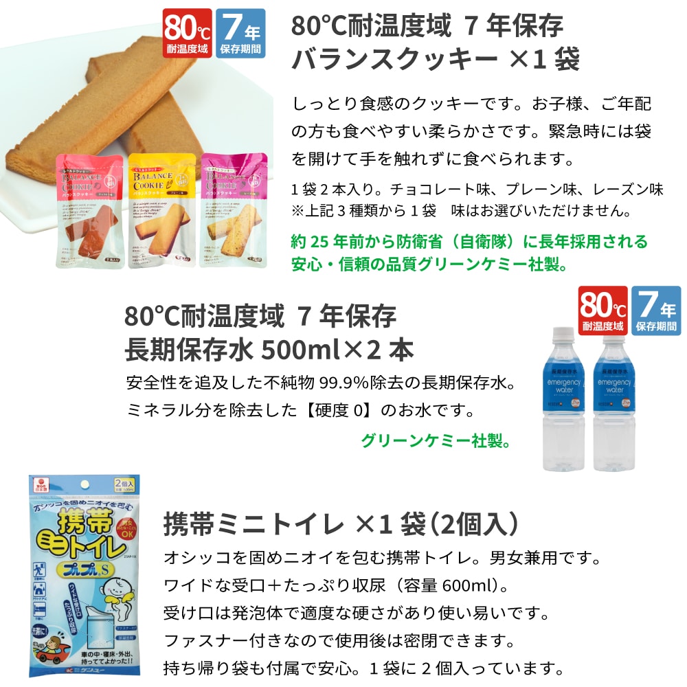 80℃耐温度域7年保存可能なお米のクッキー、長期保存水。携帯ミニトイレ。