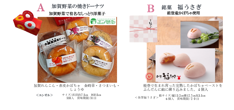 A.加賀野菜の焼きドーナツ　B.銘菓　福うさぎ