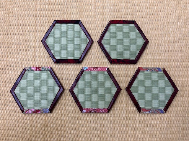畳コースター(六角形)5枚セット　市松柄　グリーン